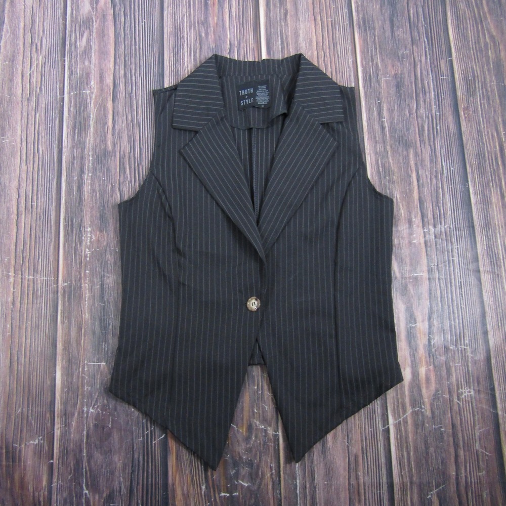 Truth + Style Vest Womens M Black Pinstripe Collared 1-Button Twill USA